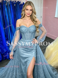 Off The Shoulder Trumpet Mermaid Blue Lace Prom Dress With Slit