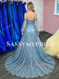 Off The Shoulder Trumpet Mermaid Blue Lace Prom Dress With Slit