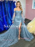 Off The Shoulder Trumpet Mermaid Blue Lace Prom Dress With Slit