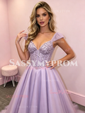 Cap Sleeve Tulle Beading A Line Lavender Prom Dress