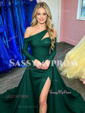 Deep Green Off The Shoulder Satin Prom Dress With Slit