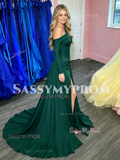 Deep Green Off The Shoulder Satin Prom Dress With Slit