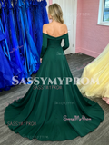 Deep Green Off The Shoulder Satin Prom Dress With Slit