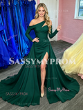 Deep Green Off The Shoulder Satin Prom Dress With Slit