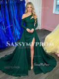 Deep Green Off The Shoulder Satin Prom Dress With Slit
