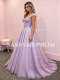 Cap Sleeve Tulle Beading A Line Lavender Prom Dress