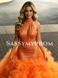 Orange Halter Trumpet Mermaid Sequin Tulle Ruffles Prom Dress