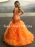 Orange Halter Trumpet Mermaid Sequin Tulle Ruffles Prom Dress