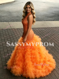 Orange Halter Trumpet Mermaid Sequin Tulle Ruffles Prom Dress