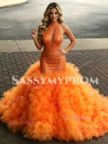 Orange Halter Trumpet Mermaid Sequin Tulle Ruffles Prom Dress