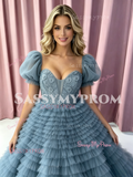Puffy Sleeves A Line Flower Layers Blue Tulle Prom Dress
