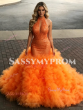Orange Halter Trumpet Mermaid Sequin Tulle Ruffles Prom Dress