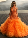 Orange Halter Trumpet Mermaid Sequin Tulle Ruffles Prom Dress