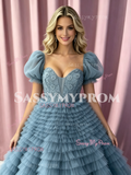 Puffy Sleeves A Line Flower Layers Blue Tulle Prom Dress