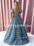 Puffy Sleeves A Line Flower Layers Blue Tulle Prom Dress