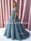 Puffy Sleeves A Line Flower Layers Blue Tulle Prom Dress