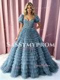 Puffy Sleeves A Line Flower Layers Blue Tulle Prom Dress