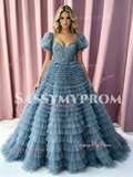 Puffy Sleeves A Line Flower Layers Blue Tulle Prom Dress