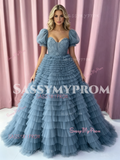 Puffy Sleeves A Line Flower Layers Blue Tulle Prom Dress