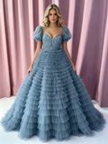 Puffy Sleeves A Line Flower Layers Blue Tulle Prom Dress