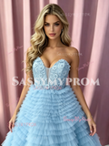 Blue Sweetheart Tulle Flower A Line Prom Dress