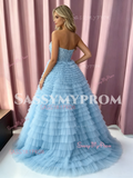 Blue Sweetheart Tulle Flower A Line Prom Dress