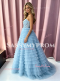 Blue Sweetheart Tulle Flower A Line Prom Dress