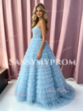 Blue Sweetheart Tulle Flower A Line Prom Dress