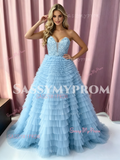 Blue Sweetheart Tulle Flower A Line Prom Dress