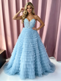 Blue Sweetheart Tulle Flower A Line Prom Dress