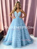 Blue Sweetheart Tulle Flower A Line Prom Dress