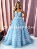 Blue Sweetheart Tulle Flower A Line Prom Dress