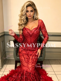Long Sleeve Red Trumpet Mermaid Sequin Ruffles Prom Dress