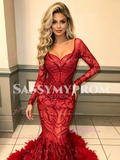 Long Sleeve Red Trumpet Mermaid Sequin Ruffles Prom Dress