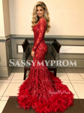 Long Sleeve Red Trumpet Mermaid Sequin Ruffles Prom Dress