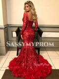 Long Sleeve Red Trumpet Mermaid Sequin Ruffles Prom Dress