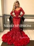 Long Sleeve Red Trumpet Mermaid Sequin Ruffles Prom Dress