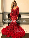 Long Sleeve Red Trumpet Mermaid Sequin Ruffles Prom Dress