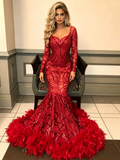 Long Sleeve Red Trumpet Mermaid Sequin Ruffles Prom Dress