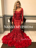 Long Sleeve Red Trumpet Mermaid Sequin Ruffles Prom Dress