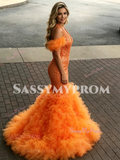 Halter Orange Tulle Trumpet Mermaid Prom Dress
