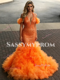 Halter Orange Tulle Trumpet Mermaid Prom Dress