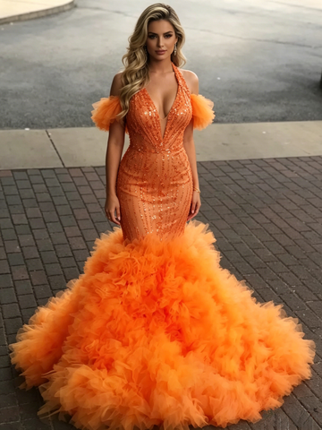 Halter Orange Tulle Trumpet Mermaid Prom Dress