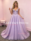 Cap Sleeve Tulle Beading A Line Lavender Prom Dress