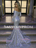 Off The Shoulder Sequin Silver Trumpet Mermaid Prom Dress