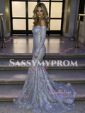 Off The Shoulder Sequin Silver Trumpet Mermaid Prom Dress