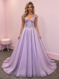 Cap Sleeve Tulle Beading A Line Lavender Prom Dress