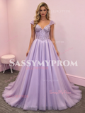 Cap Sleeve Tulle Beading A Line Lavender Prom Dress