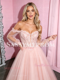 Long Sleeve Off The Shoulder Pink A Line Tulle Prom Dress