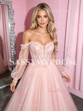 Long Sleeve Off The Shoulder Pink A Line Tulle Prom Dress
